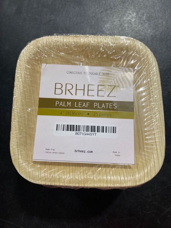 Photo 1 of Brheez 4 Inch Square Heavy Duty Palm Leaf Disposable Plates Eco-Friendly and 100% Natural Elegant Bamboo Look Biodegradable and Compostable Plate Paper Alternative Pack of 25