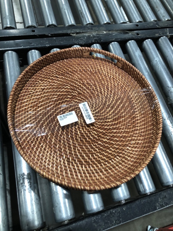 Photo 2 of 16.9 inch Rattan Tray, Round Wicker Tray with Cut-Out Handles, Woven Serving Tray for Dining/Coffee Table