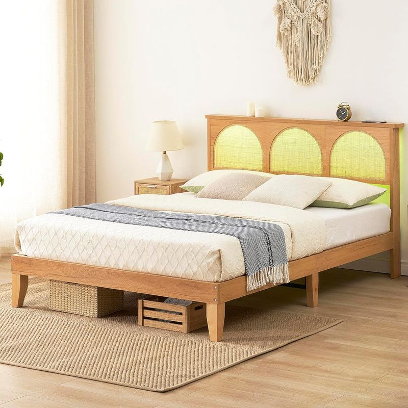 Photo 1 of Queen Bed Frame with Natural Rattan Headboard, Platform Bed Frame Rattan Headboard with Led Lights, No Box Spring Needed, Noise Free, Boho Style, Easy Assembly
