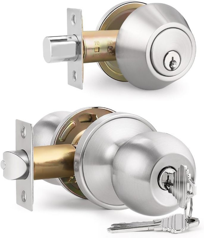 Photo 1 of 1 Pack Keyed Entry Door Knob and Single Cylinder Deadbolt Combination Set in Satin Nickel, Keyed Alike Exterior Knob Door Handle and Deadbolt Lock and Key, Round Locking Lever Handle Set
