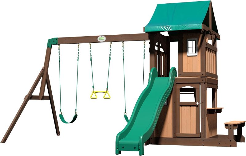 Photo 1 of Backyard Discovery Lakewood Cedar Wood Swing Set, Upper Deck with White Trim Window, Slide with Rails, Lower Fort Area with Gate and Attached Bench, Belts--- box 1/2
