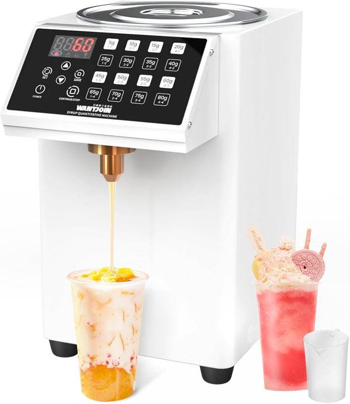 Photo 1 of WantJoin Automatic Fructose Dispenser for Commercial, Stainless Steel Syrup Dispenser for Bubble Tea Equipment, Fructose Quantitative Machine with Measuring Cup, 8.45QT, white
