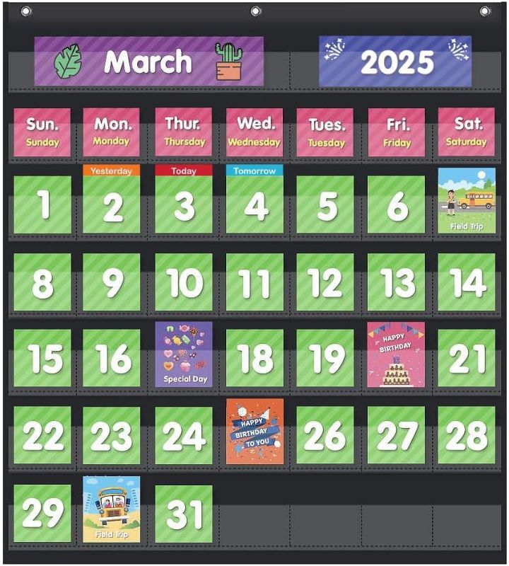 Photo 1 of EAMAY Classroom Monthly Calendar Pocket Chart with 71 Cards for Kids Learning for Home,Homeschool Supplies and Classroom Must Haves!(Black)