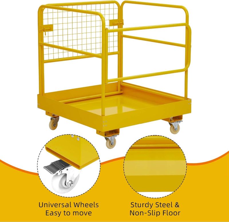 Photo 1 of Forklift Safety Cage, 36"x36" inch Heavy Duty Collapsible Forklift Work Platform, 1200LBS Capacity with 4 Universal Wheels Aerial Platform Collapsible Lift Basket Aerial Rails for Lifting Loader

