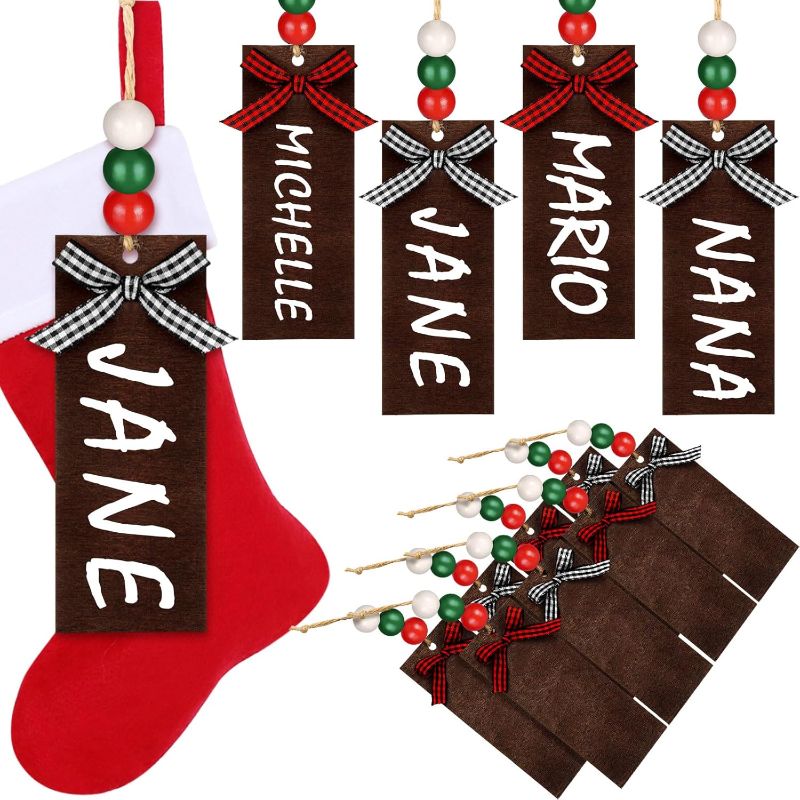 Photo 1 of 12 Pcs Christmas Stocking Name Tags Unfinished Wood Tags Personalized Blank Wooden Stocking Tags Farmhouse Xmas Stocking Hanging Tag for Christmas Stocking (Light Gray, Red and Black, Black and White)