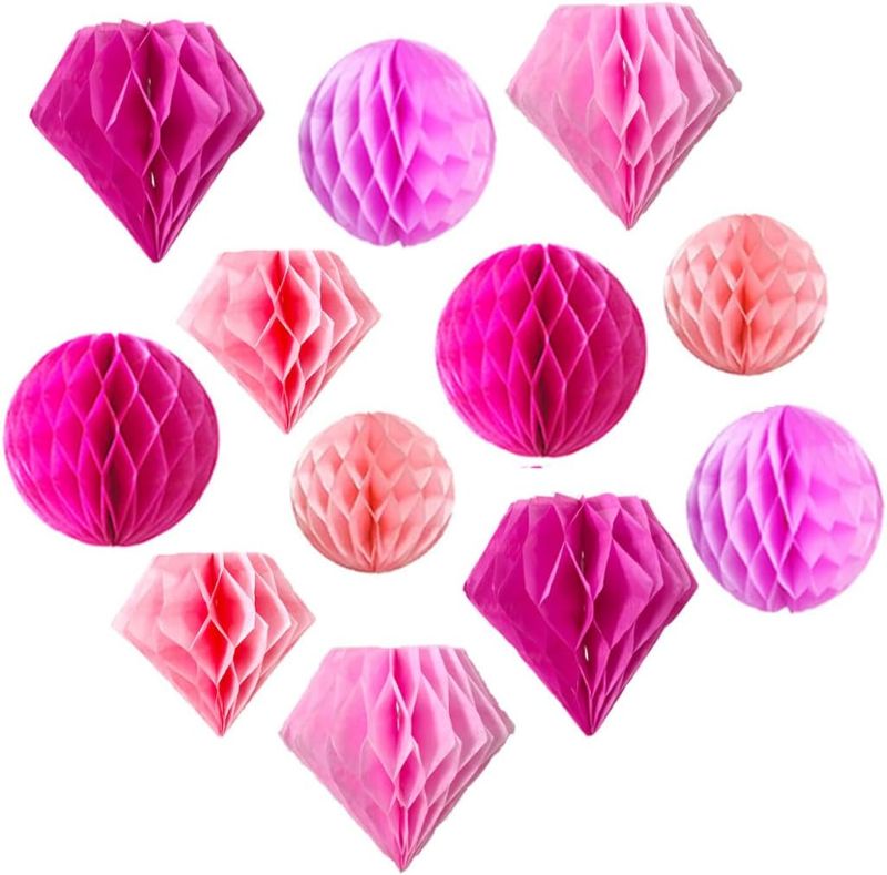 Photo 1 of 12pcs 8'' 10''Honeycomb Balls Tissue Paper Party Honeycomb Diamond Decor Paper DIY Pom Poms Flower Balls Hanging Honeycomb for Baby Shower Birthday Wedding Nursery Wall Decor( Pink kit) 