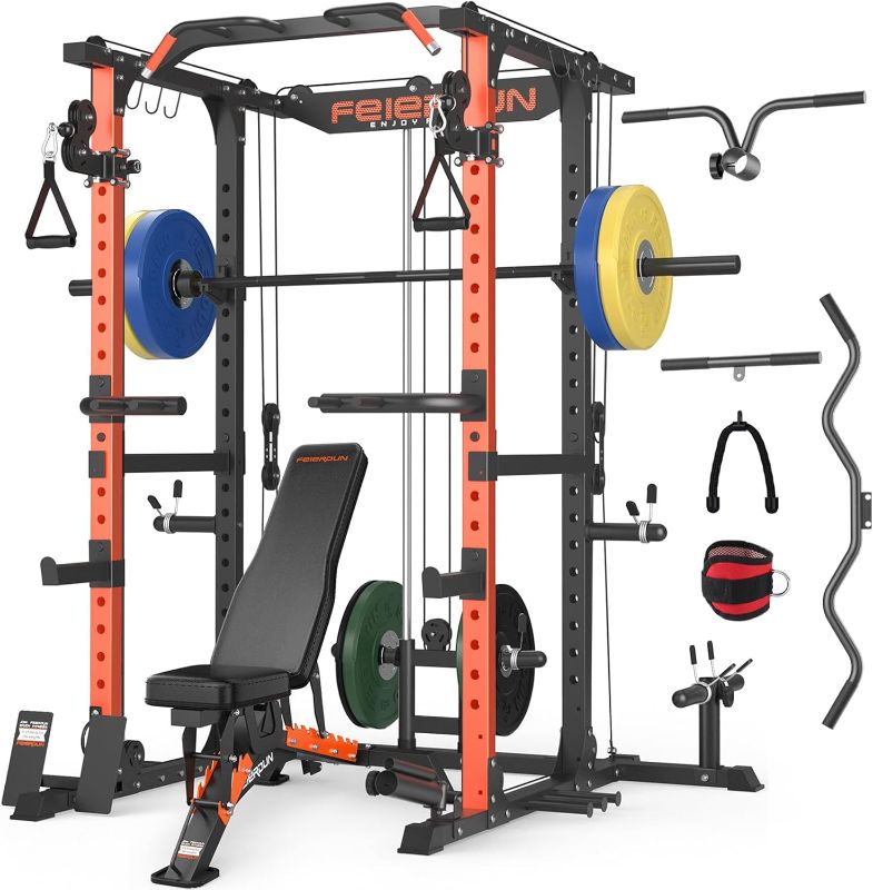 Photo 1 of FEIERDUN Multi-Function Squat Rack Power Cage FLA01 with Cable Crossover System, 2000LBS Capacity Power Rack and Packages with Optional Weight Bench, Olympic Barbell Weight Set, for Garage & Home Gym--- box2/3
