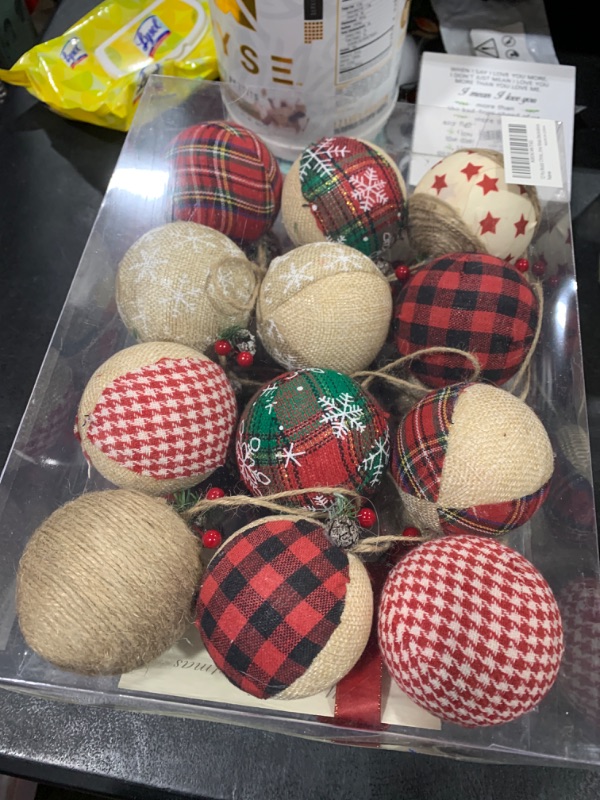 Photo 2 of 12 Pcs Burlap Christmas Ball Ornaments, 3.15 Inches Rustic Buffalo Plaid Christmas Tree Ornaments, Natural Jute Farmhouse Decorations for Xmas Tree, Holiday, Party