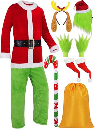 Photo 1 of 10pcs Men Christmas Costume Adult Green Big Monster Santa Claus Suit Furry Deluxe Xmas Outfit. Size 4XL