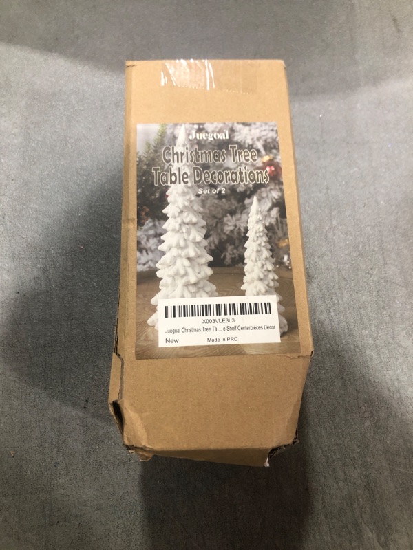 Photo 1 of Juegoal Christmas Tree Table Decorations Set of 2, 9.5" White Glittered Xmas Pine Trees, Winter Snow Ornaments Tabletop Resin Trees Dinner Holiday Party Supplies Winter Mantle Shelf Centerpieces Decor