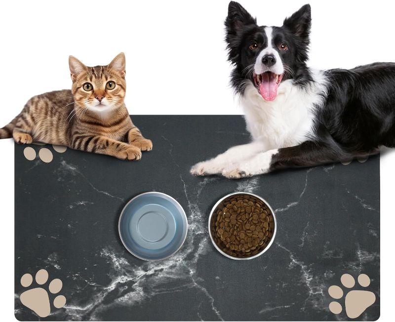 Photo 1 of Pet Feeding Mat for Floor Waterproof - Absorbent & Quick Dry Dog & Cat Mat for Food and Water Bowls, Washable Non Slip Rubber Dog Food Mat for Small Large Dog Messy Drinkers, Pet Supplies (16"x24")

