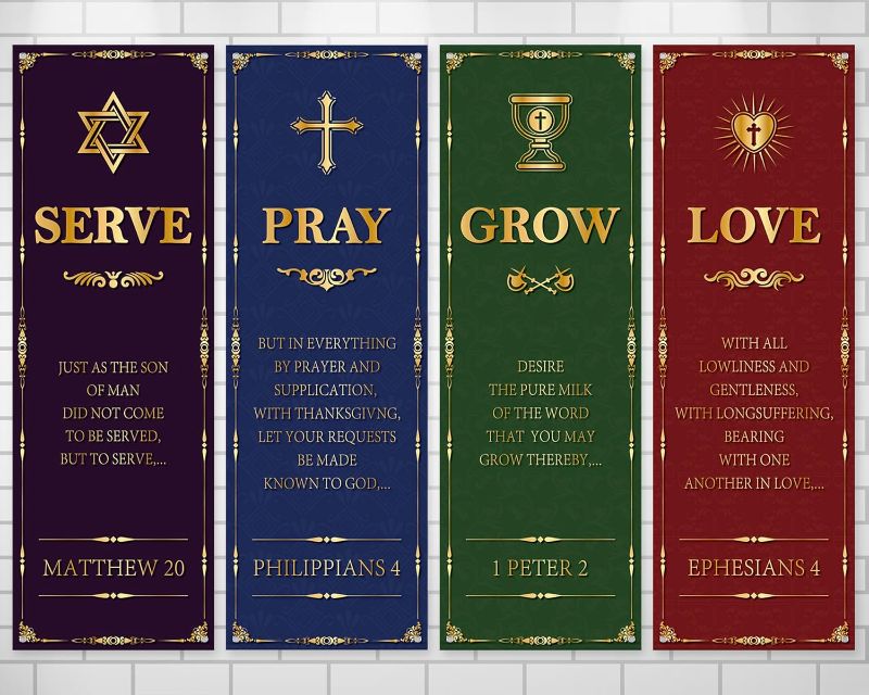 Photo 1 of 4Pcs Church Banners for Sanctuary Wall Welcome Religious Christmas Banners Hanging Backdrop Worship Christian Nativity Banner Scripture Church Porch Signs for Holiday Church School Nativity Decor
