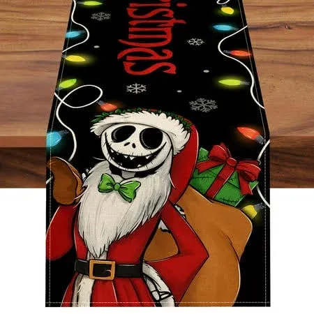 Photo 1 of !!STOCK PHOTO FOR REFERENCE ONLY!! Seliem Merry Christmas Jack Table Runner, Ni GHT m are BE.Fore Xmas Gifts Snowflakes Black Kitchen Dining Table Decor, Funny Holiday Home Decoration Indoor Outdoor Party Supply 13x72 Inch