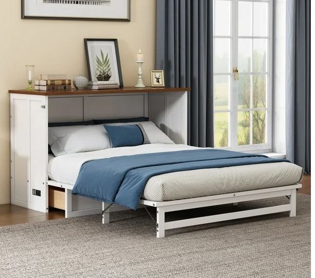 Photo 1 of Murphy Bedroom Bed, Modern Murphy Cube Queen Wall Bed with Charging Station and Wood Slats Support for Multipurpose Guest Room or Home Office, White+Walnut
