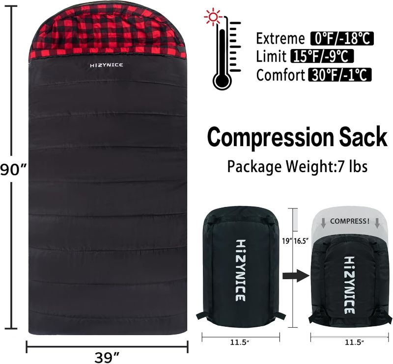 Photo 1 of 0 Degree Sleeping Bag 100% Cotton Flannel XXL for Adults Big and Tall Cold Weather Winter Zero Degree Camping,Free Compression Sack
