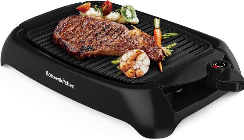 Photo 1 of Smokeless Electric Grill, 1000W BBQ Grill with Non-Stick Surface and Oil Drip Pan for Healthier Grilling, 240? - 455? Temperature Control Indoor Grill for Burger, Seafood, Steak, Pancake
