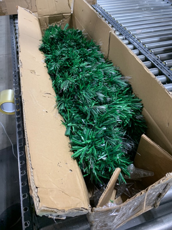 Photo 1 of Juegoal 6ft Pre-Lit Artificial Christmas Tree, Lighted Optical Fiber Xmas Trees with Warm White Large Stars & Color Changing Optical Fiber Lights, Party Home Holiday Green Fake Tree with Metal Legs