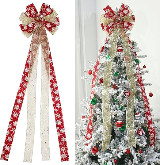 Photo 1 of Christmas Tree Topper, Bow Large Christmas Bow Tree Topper, for Xmas Ornament Holiday Home Wedding Thanksgiving Indoor/Outdoor Decoration (Red Gold)