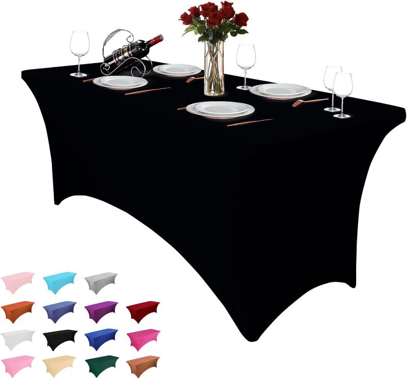 Photo 1 of 1 Pc 6FT Table Cloth for Rectangle Table - Black Tablecloth Rectangular Fitted Stretch Spandex Table Covers 6 ft for Birthday, Cocktail, Wedding, Banquet Spring Outdoor Party