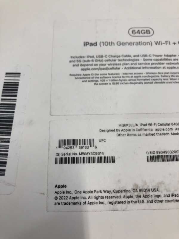 Photo 1 of **PREVIOUSLY OPENED**
Apple iPad (10th Generation): with A14 Bionic chip, 10.9-inch Liquid Retina Display, 64GB, Wi-Fi 6 + 5G Cellular, Blue