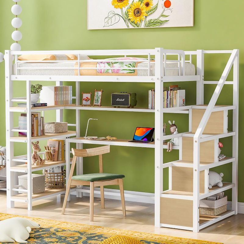 Photo 1 of ***NONREFUNDABLE - PARTIAL SET - SEE COMMENTS***
Twin Size Loft Bed with Desk and Stairs, Metal Loft Bed Frame with Storage Wooden Shelves/Bookcase, White
