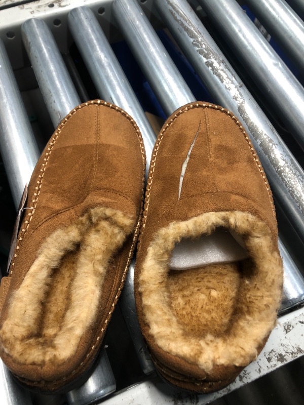 Photo 2 of **1 SLIPPER IS SLICED** 
Zigzagger Men's Slip On Moccasin Slippers, Indoor/Outdoor Warm Fuzzy Comfy House Shoes, Fluffy Wide Loafer Slippers,Tan, 10.5 D(M) US