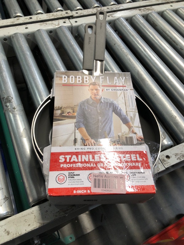 Photo 1 of **DAMAGED, LARGE FRYING PAN IS DIRTY AND POSSIBLY BURNT FOOD ON IT**
GreenPan x Bobby Flay Stainless Steel 8” & 10” Frying Pan Skillet Set, Professional Grade Tri Ply, PFAS-Free Ceramic Nonstick