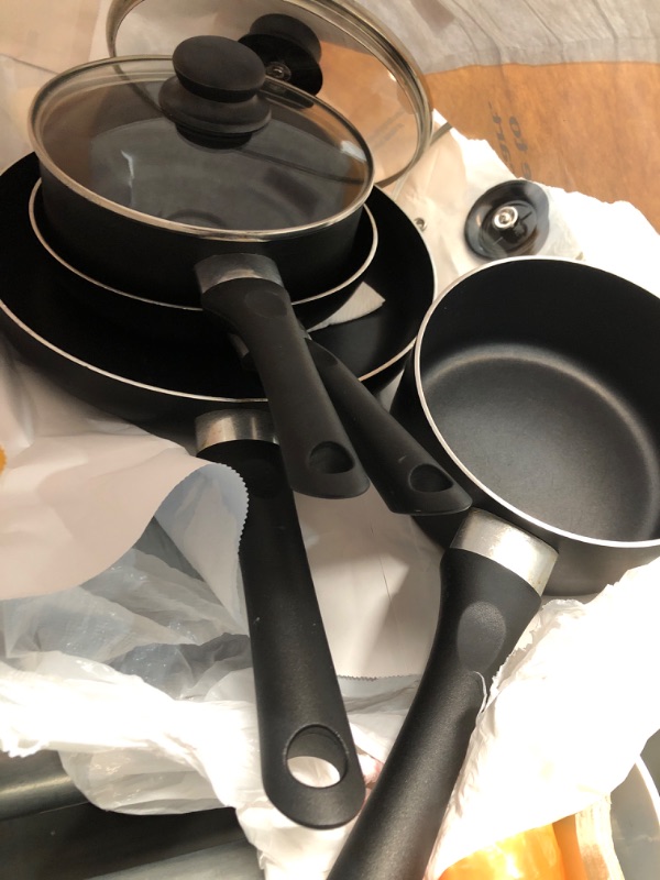 Photo 1 of Amazon Basics Non Stick Kitchen Cookware 8-Piece Set, Non-Induction, Includes Pots and Pans, Black