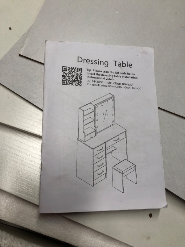 Photo 5 of ***USED - MISSING HARDWARE AND POWER PLUG IN SOCKET - SEE PICTURES - UNABLE TO VERIFY FUNCTIONALITY***
Logimiz White Vanity Desk with Sliding Mirror and Lights, Makeup Vanity Table with 3 Color and Brightness Adjustable, Girls Makeup Vanity with Stool and