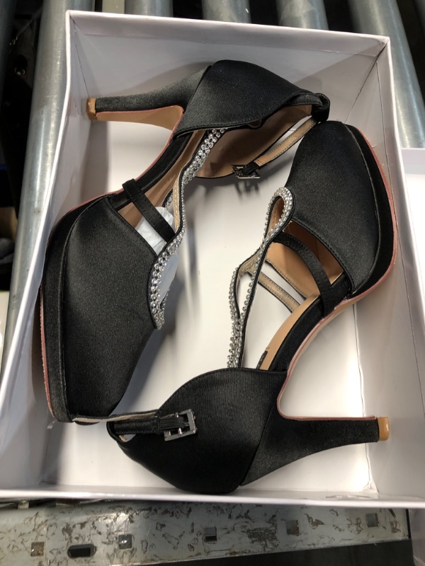 Photo 1 of ERIJUNOR E0260D Women Comfort Low Heel Closed-Toe Ankle Strap Platform Satin Bridal Wedding Shoes Black Size 9