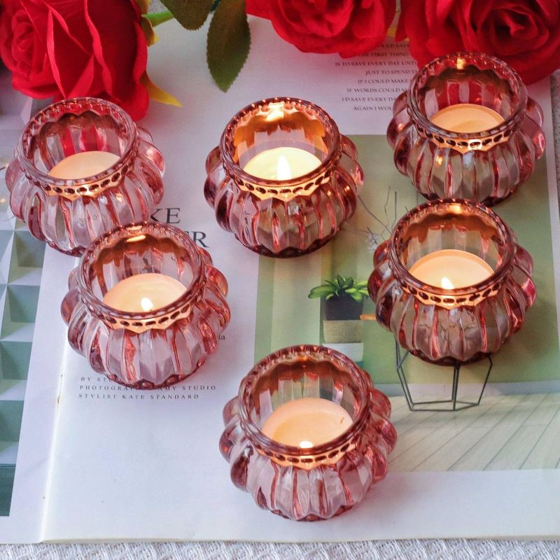 Photo 1 of (FAIR) Glass Candle Holder 6pcs, Glass Candlestick Holder & Tealight Candle Holder, Rose Gold Candle Holder for Centerpiece Table Decorations/Dinner Party/Room/Wedding/Christmas Decor