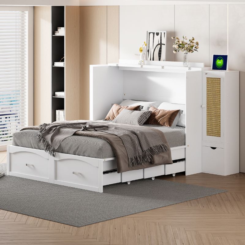 Photo 1 of ***STOCK PHOTO REFERENCE ONLY*** item is grey not white**
Queen Size Murphy Bed, Wood Wall Bed with Drawer and Rattan Decoration with 2 Storage Cabinets,One set of Sockets & USB Ports, Pulley Structure Design, White
