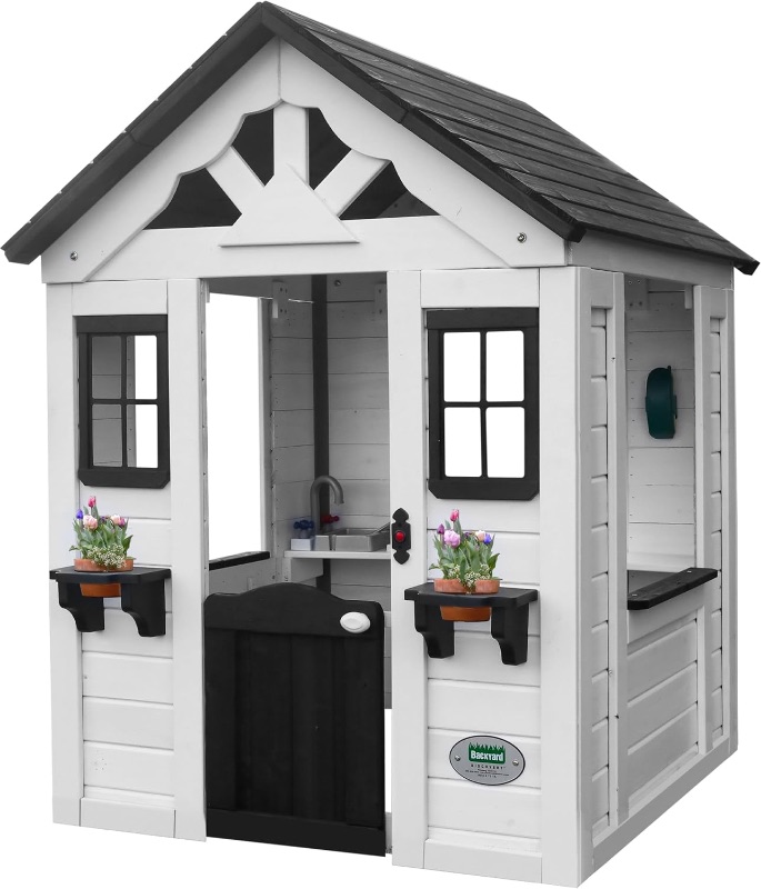 Photo 1 of Backyard Discovery Sweetwater All Cedar White Modern Outdoor Wooden Playhouse, Cottage, Sink, Stove, Windows, Kitchen with Pot and Pans and Utensils, Flowerpot Holders, Working Doorbell, Ages 2-6