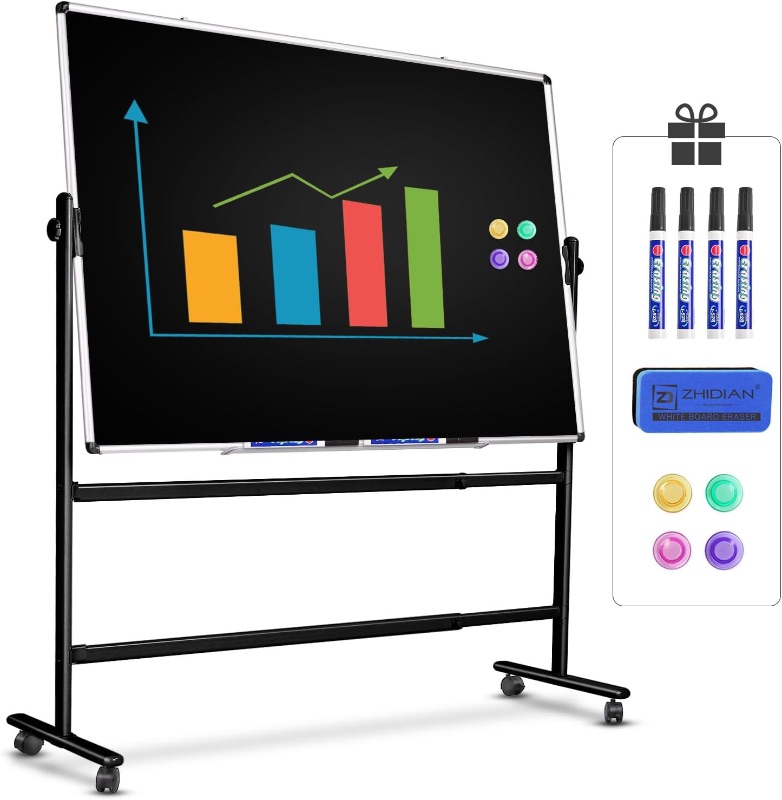 Photo 1 of Rolling Dry Erase Blackboard 48 x 36, Magnetic Portable Whiteboard with Stand, Mobile Double Sided Blackboard with Wheels - Easel Standing Blackboard for Office, School & Home