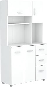 Photo 1 of Inval, 71" H x 43.6" W x 17.1" D, White Kitchen Microwave Storage Cabinet with 3 Drawers, Kitchenette Standing Pantry