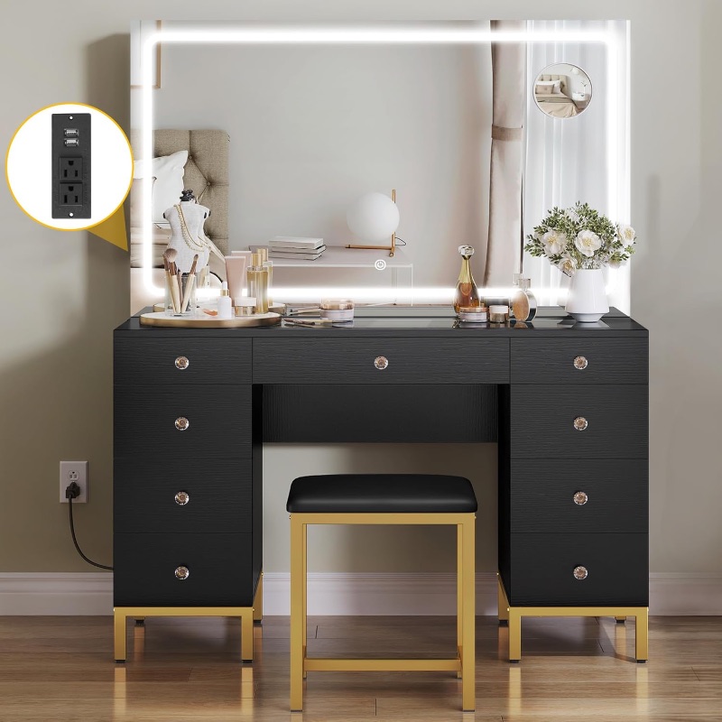 Photo 1 of *****PARTS ONLY
DWVO Makeup Vanity Set with Lighted Mirror, Power Outlet and LED Lights Strips, Vanity Desk with 9 Drawers, 3 Color Modes Available for Bedroom, Black 46inches