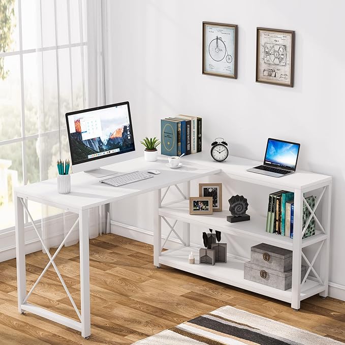 Photo 1 of ****PARTS ONLY
Tribesigns Reversible Industrial L-Shaped Desk with Storage Shelves, Corner Computer Desk PC Laptop Study Table Workstation for Home Office Small Space (White, 53")