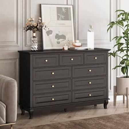 Photo 1 of 9-Drawer Black Wood Dresser Bedroom Storage Cabinet