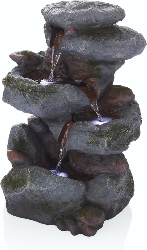 Photo 1 of Alpine Corporation WIN582 Outdoor Floor 3-Tiered Rock Waterfall Fountain with LED Lights and Natural Stone Look, 22", Gray