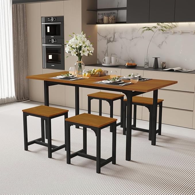 Photo 1 of 5-Piece Dining Table Set with 4 Stools, 63" Extendable Kitchen Table Chairs Set for 4-6, Dining Room Table with Metal Frame, Space-saving for Breakfast Nook, Small Space, Easy to Clean (Natural Wood)
****picture for reference only