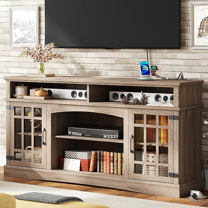 Photo 1 of ****Parts Only 
TV Stand for 65 Inch TV, 32“Tall Entertainment Center with Power Outlets, Rustic TV Cabinet with Glass Door Media Console, TV Console for Living Room WHITE