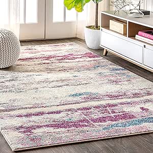 Photo 1 of Contemporary POP Modern Abstract Brushstroke Cream/Pink 8 ft. x 10 ft. Area-Rug, Bohemian, Easy-Cleaning, for Bedroom, Kitchen, Living Room, Non Shedding