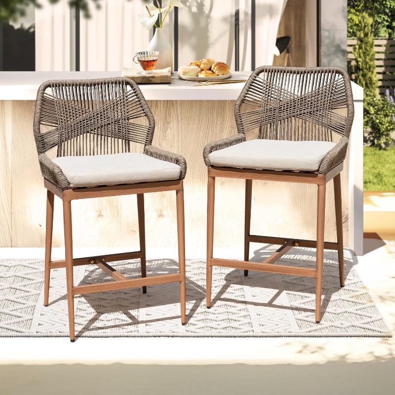 Photo 4 of ***only 1 chair, missing a couple screws
IDZO 400lbs Capacity Boho Rope Counter Height Bar Stools Set of 2, 39 Inches Tall with Comfortable Cushions, Aluminum Base and Ergonomic Curved Backrest for Indoor and Outdoor Style, Easy Assembly