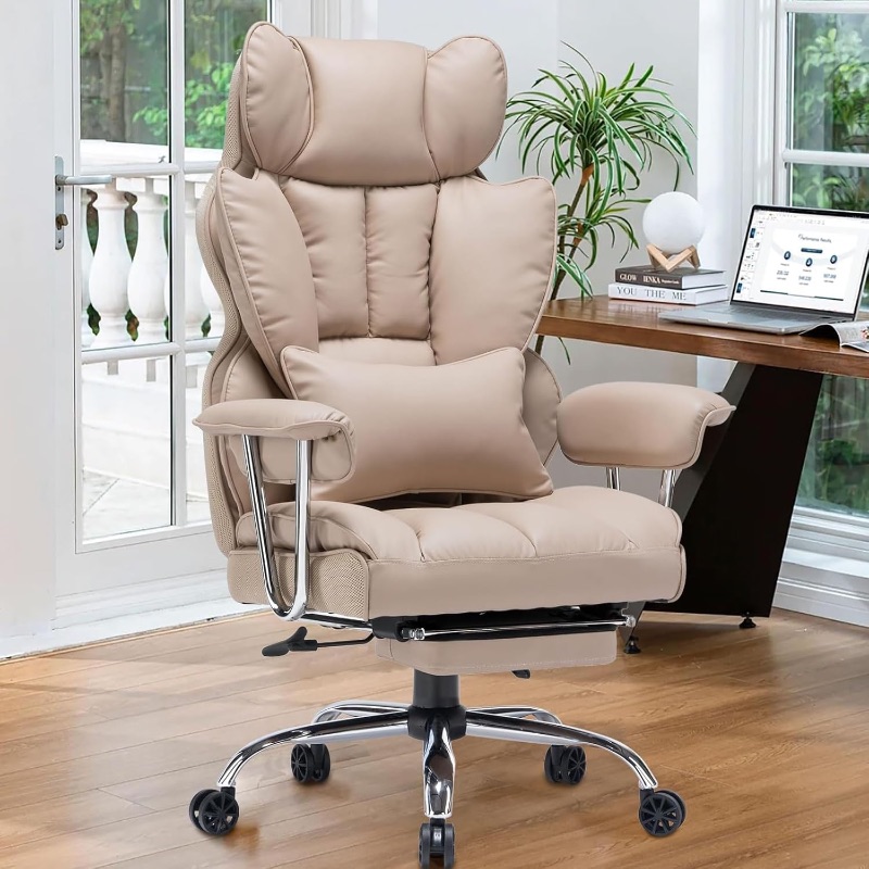 Photo 1 of Efomao Desk Office Chair 400LBS, Big and Tall Office Chair, PU Leather Computer Chair, Executive Office Chair with Leg Rest and Lumbar Support, Dark Beige