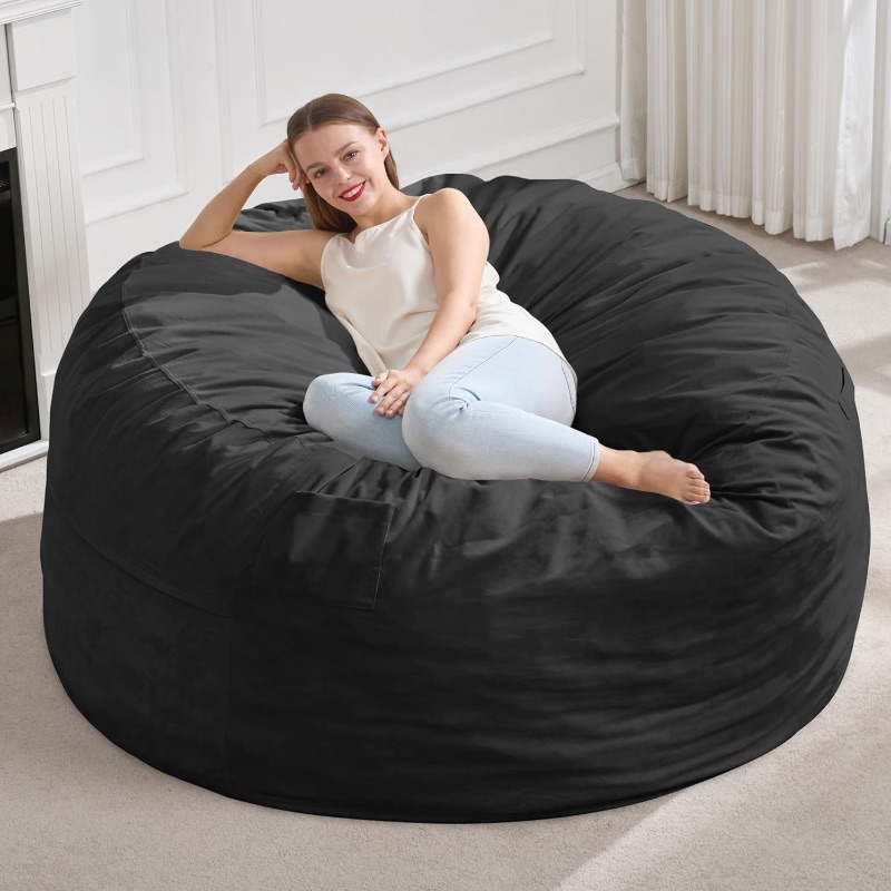 Photo 1 of 5FT Bean Bag Chair Bean Bag Chairs for Adults Giant Bean Chairs with Velvet Cover, Memory Foam BeanBag Chair Large Bean Bag Chairs for Adults for Living Room, Bedroom - Black (50" x 50" x 24")