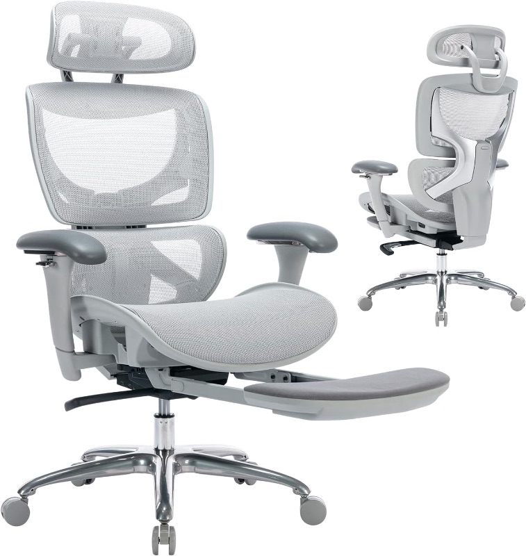 Photo 1 of Ergonomic Mesh Office Chair with Footrest, High Back Computer Executive Desk Chair with Lumbar Support, Adjustable Headrest and 4D Arms, Tilt Lock-Grey