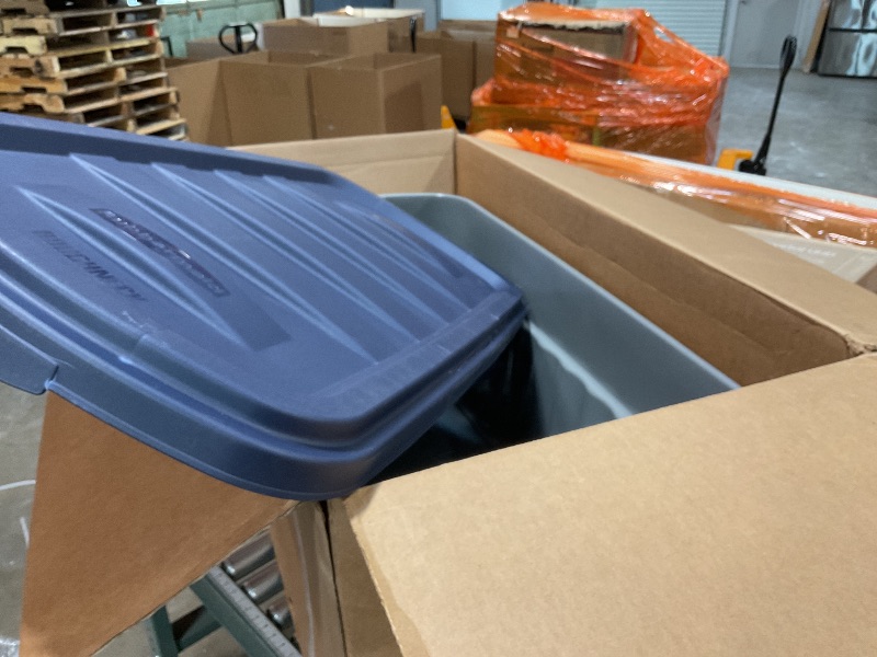 Photo 2 of ***minor damage on one of the lids
Rubbermaid Roughneck? 50 Gallon Storage Totes, Durable, Stackable Storage Containers with Lids, Great for Home, Office, and Garage Organization, Grey Base and Dark Indigo Metallic Lid, Pack of 2, Grey and Dark Indigo Met