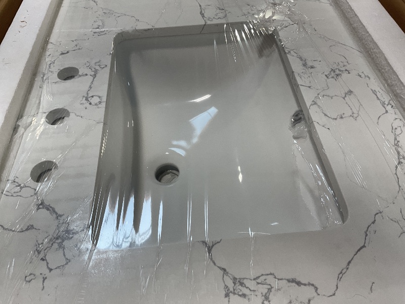 Photo 3 of **HAS CRACK DOWN THE MIDDLE** EQLOO 60 Inch Engineered Stone Bathroom Vanity Sink Top, with Undermount Rectangular Double Sinks, Vanity Countertop with 8 inch Faucet Hole Spacing and Backsplash in Lightning White