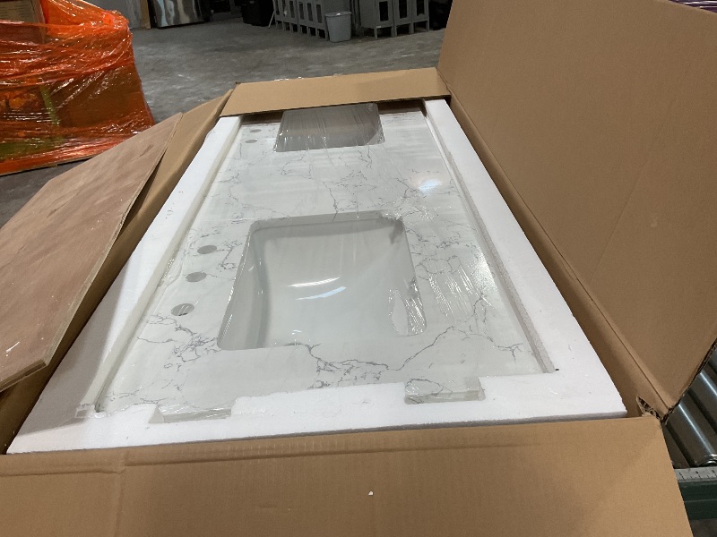 Photo 2 of **HAS CRACK DOWN THE MIDDLE** EQLOO 60 Inch Engineered Stone Bathroom Vanity Sink Top, with Undermount Rectangular Double Sinks, Vanity Countertop with 8 inch Faucet Hole Spacing and Backsplash in Lightning White