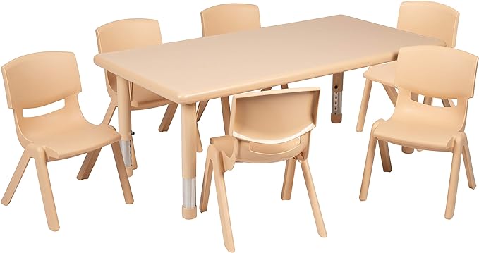 Photo 1 of Flash Furniture Adjustable Classroom Activity Table with 6 Stackable Chairs, Rectangular Plastic Activity Table for Kids, 24" W x 48" L, Natural